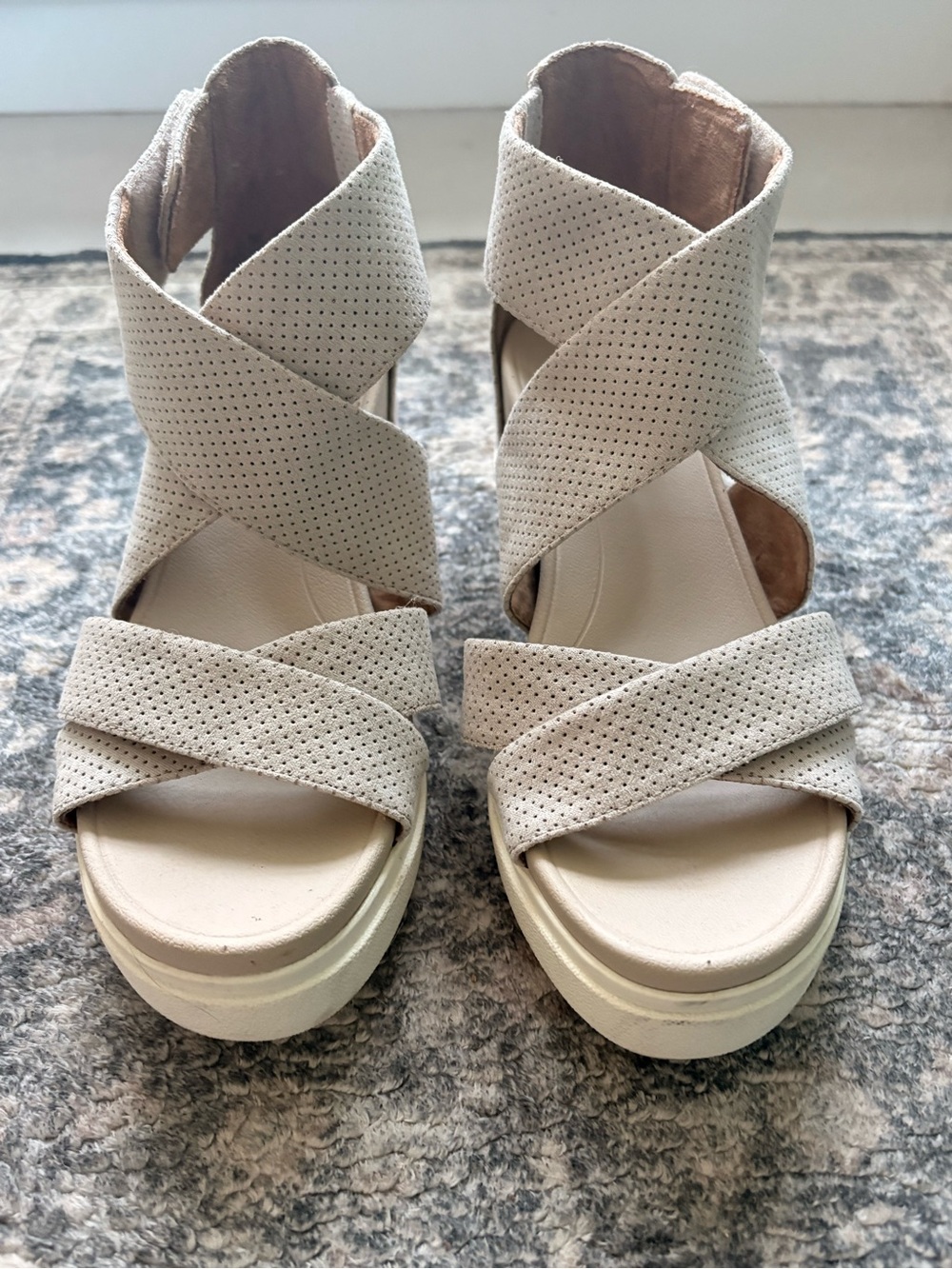 Dr. Scholl's Crisscross Perforated Wedge Sandals - Light Beige